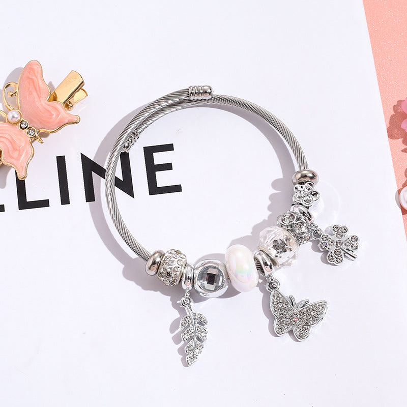 Wholesale Four Leaf Clover Diamond Cygnet Butterfly Stainless Steel Beaded Bracelet